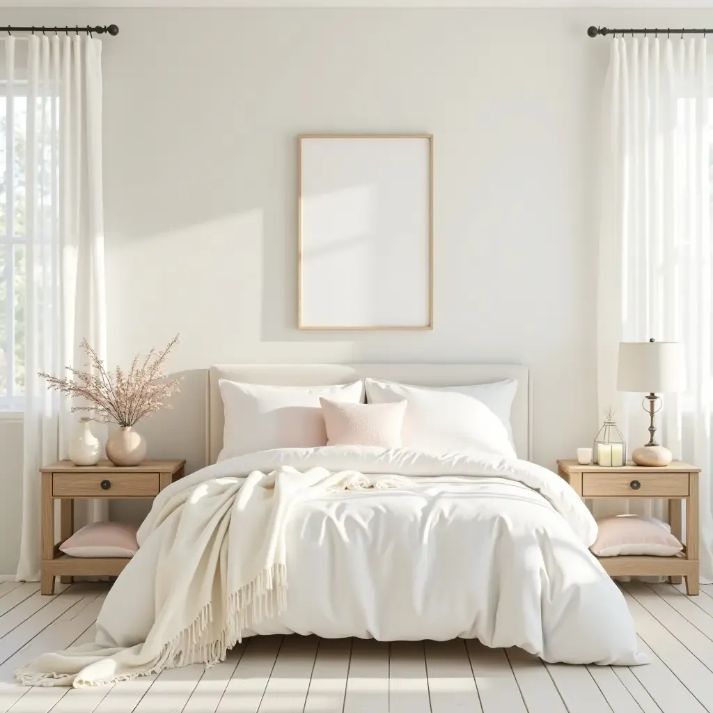 a photo of a pastel-colored bedroom with cottage-inspired decor