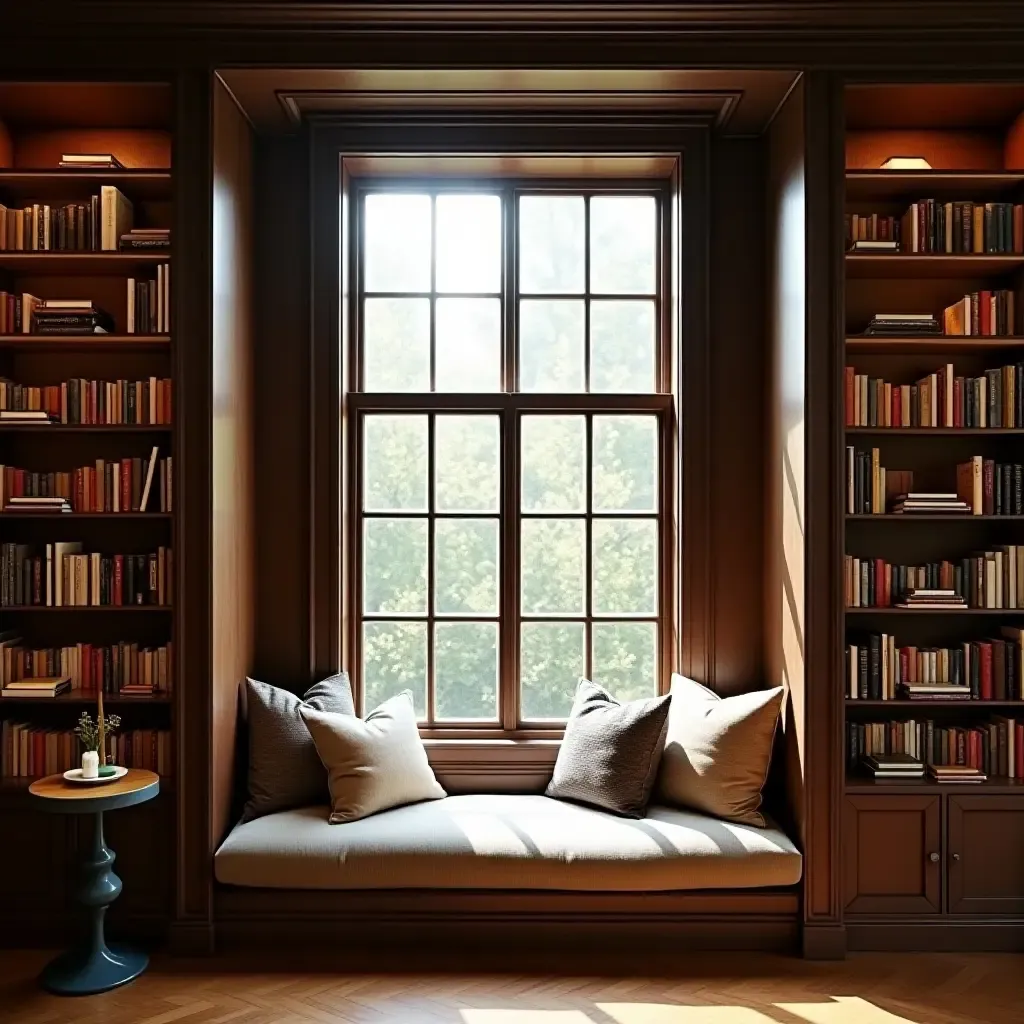 a photo of a cozy library with a large window seat and cushions