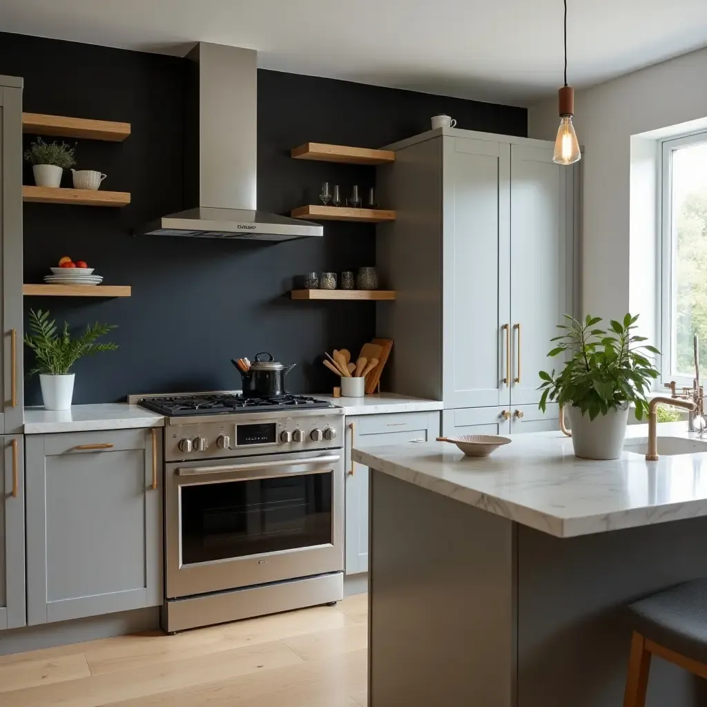 a photo of a contemporary kitchen with a chalkboard backsplash and sleek appliances