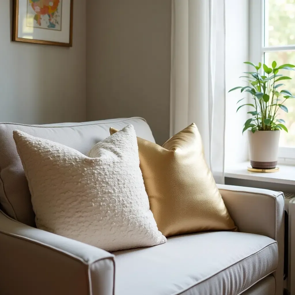 a photo of a chic reading nook with metallic throw pillows