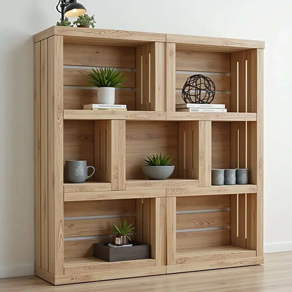 a photo of a DIY bookshelf made from crates