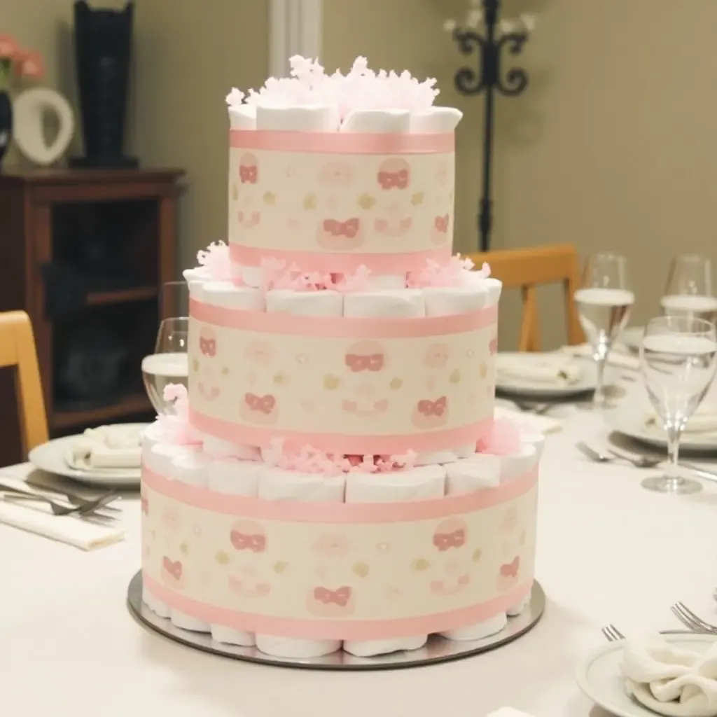 a photo of a cute DIY diaper cake centerpiece for a baby shower