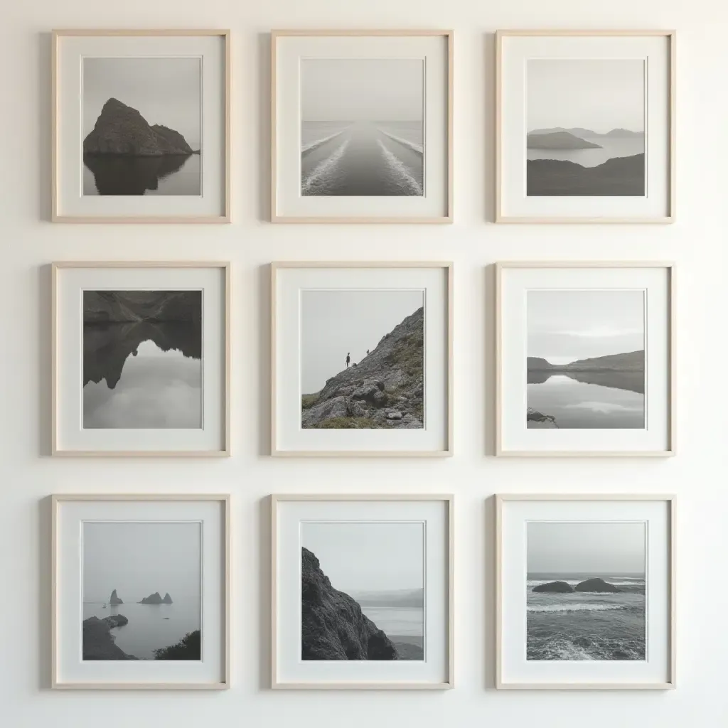 a photo of a symmetrical gallery wall arranged in a grid pattern