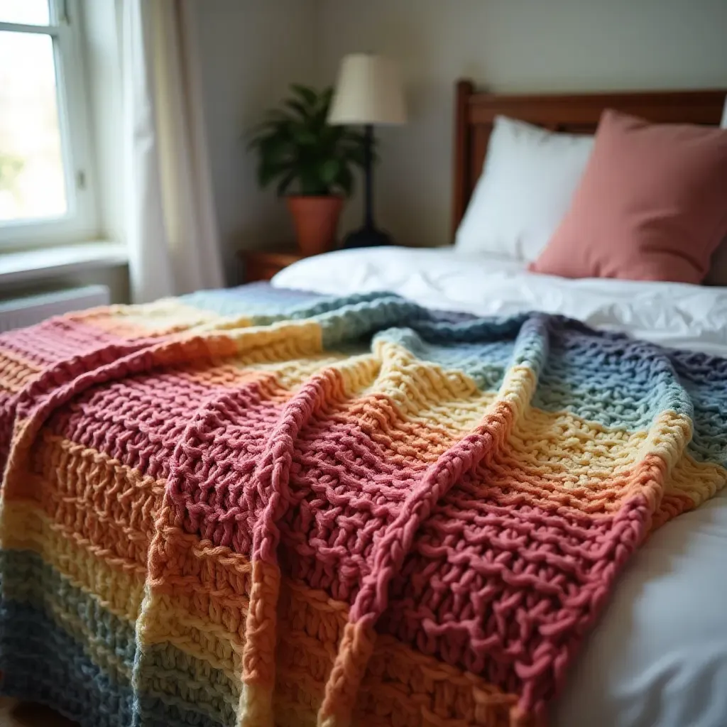 a photo of a cozy bed with a colorful, knitted throw blanket