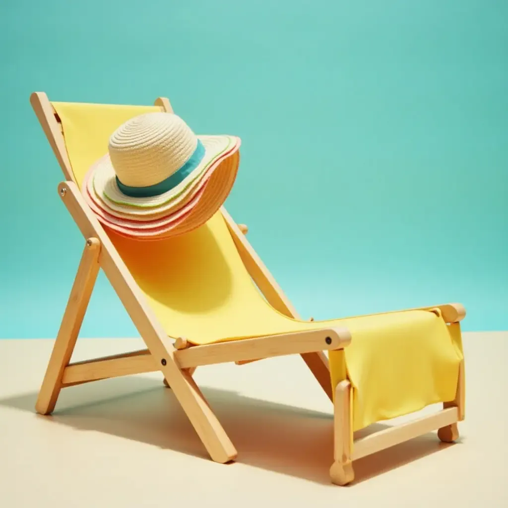 a photo of a retro lounge chair with a colorful sunhat on it