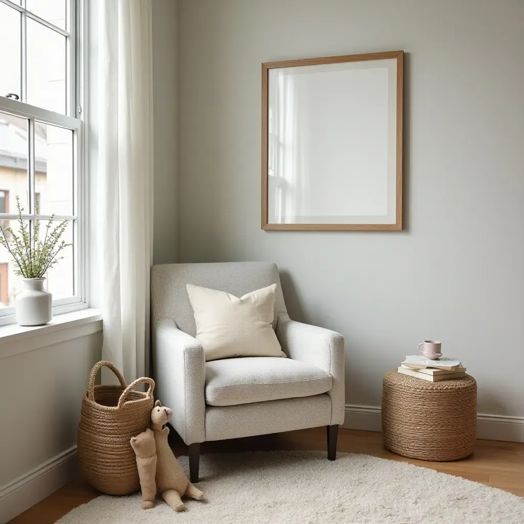 a photo of a reading nook featuring a comfy armchair and farmhouse decor