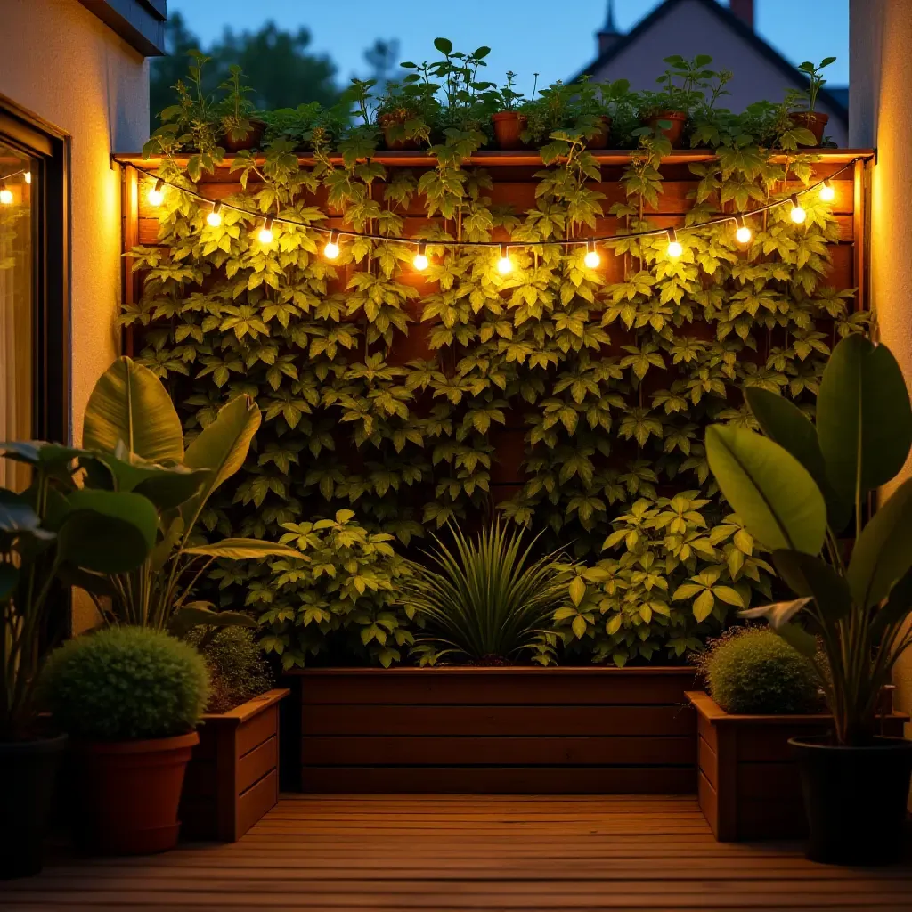 a photo of a balcony garden wall with string lights and potted plants