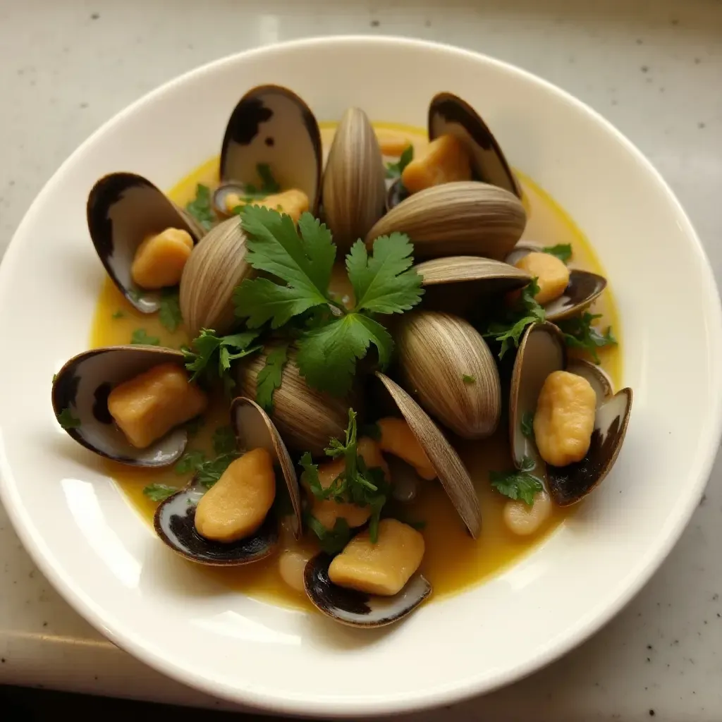 a photo of a plate of amêijoas à bulhão pato, clams cooked in garlic, white wine, and cilantro.