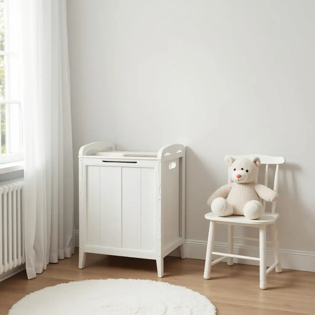 a photo of a nursery featuring a stylish laundry basket for baby clothes