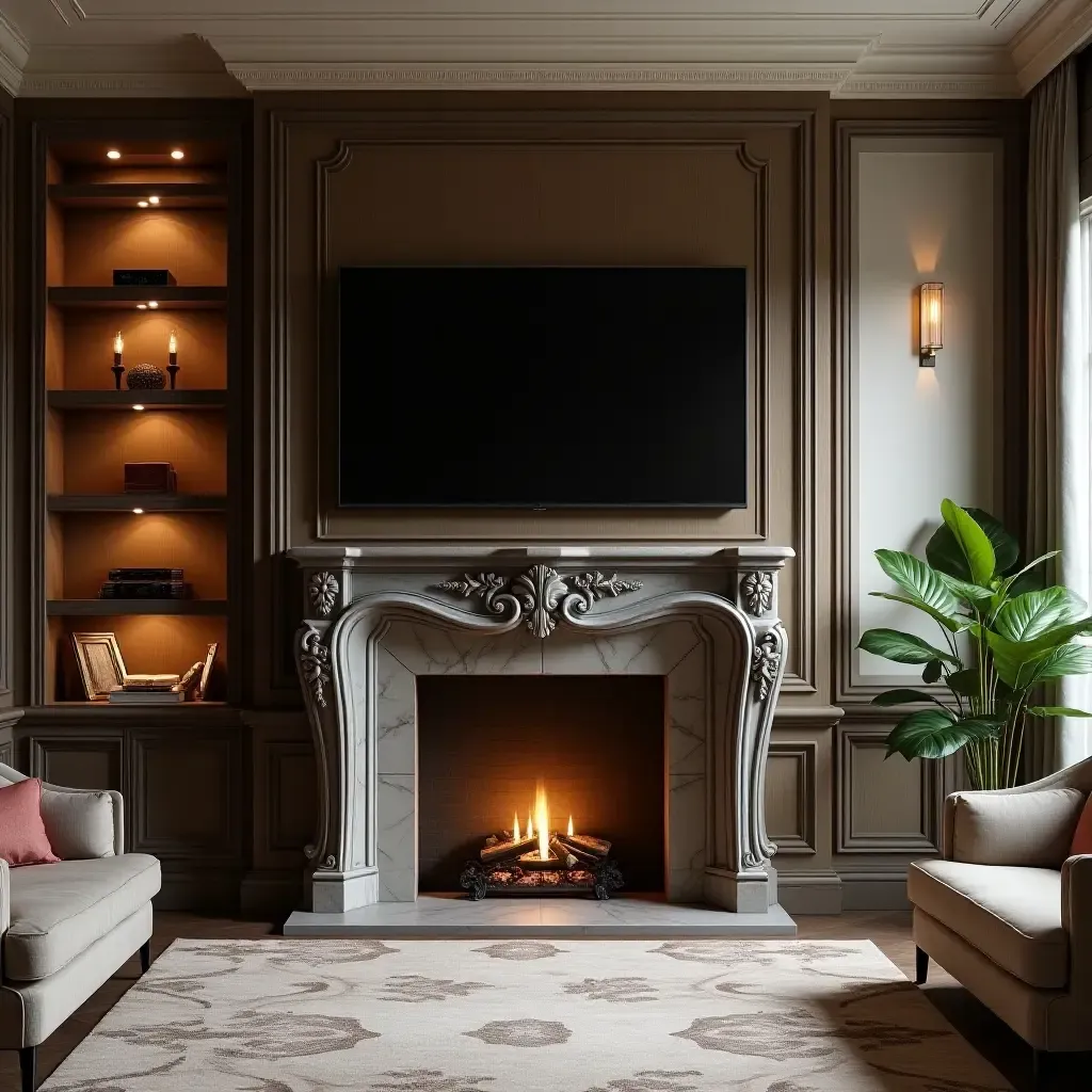 a photo of a luxurious den with a TV elegantly placed above a grand fireplace mantel