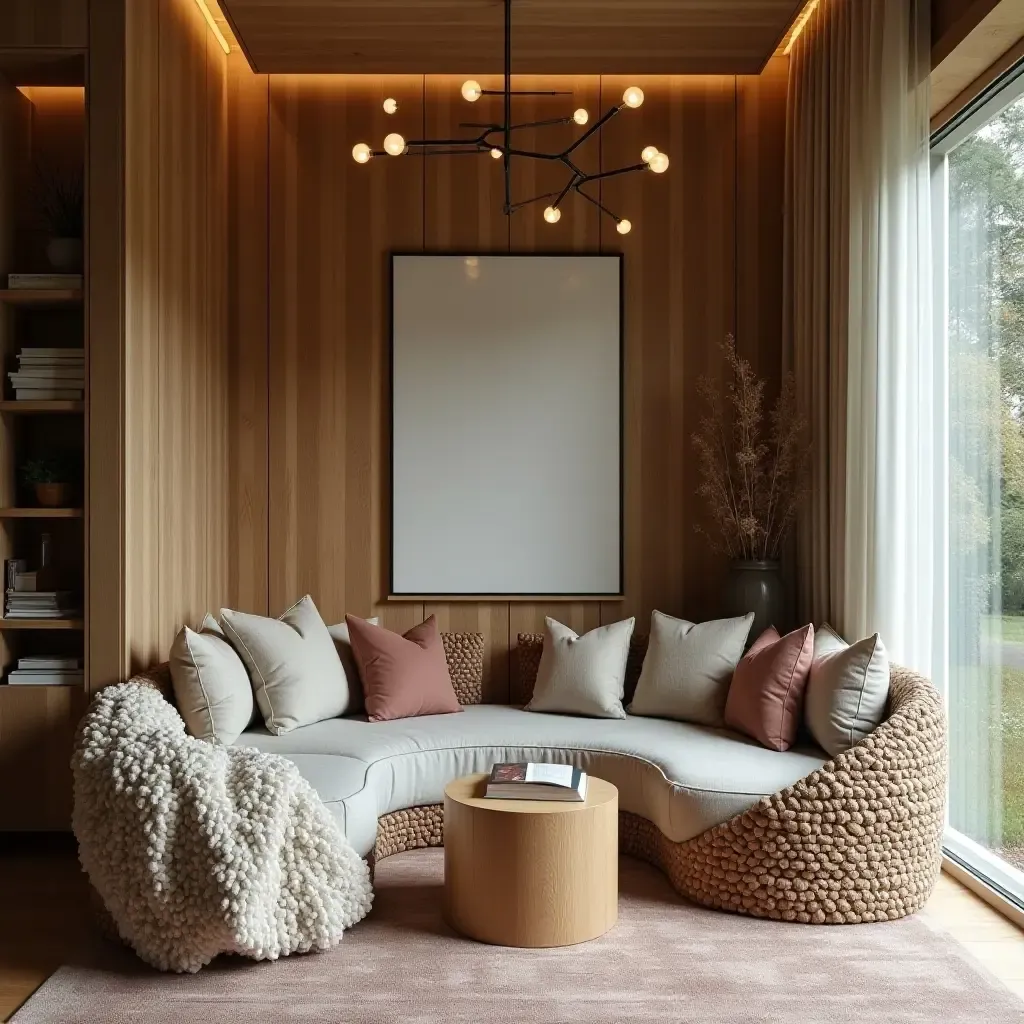 a photo of a reading nook showcasing a blend of modern and rustic elements