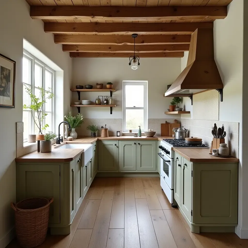 a photo of a rustic farmhouse kitchen with vintage accents and modern amenities