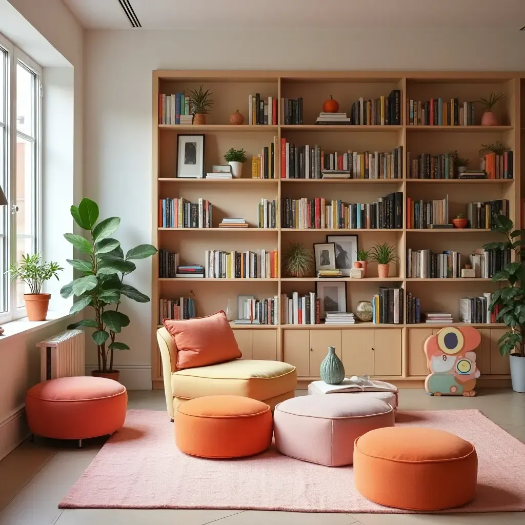 a photo of a bright library with colorful furniture and playful decor elements