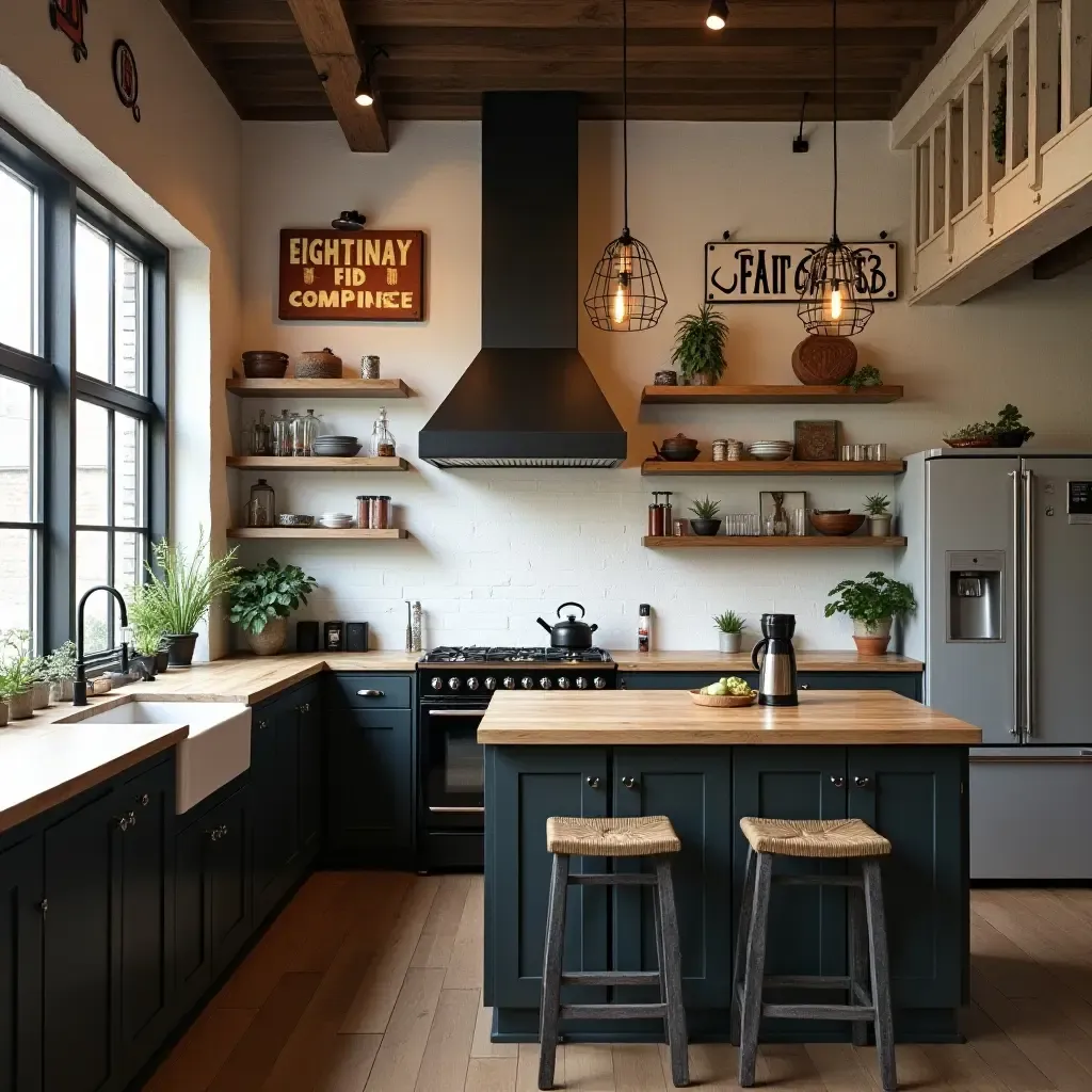 a photo of a kitchen with vintage signs and industrial wall art