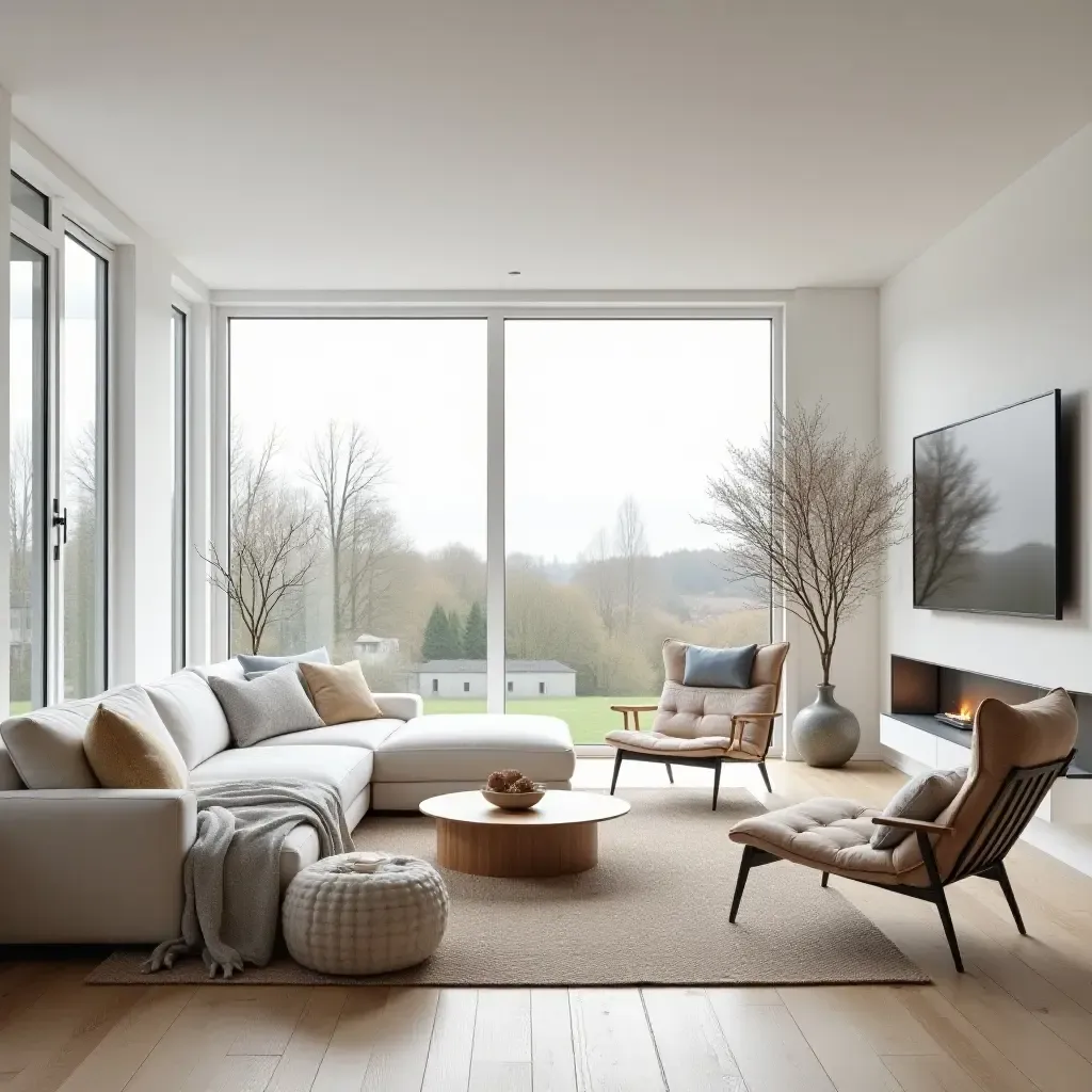 a photo of a minimalist Scandinavian living room with large windows and natural light