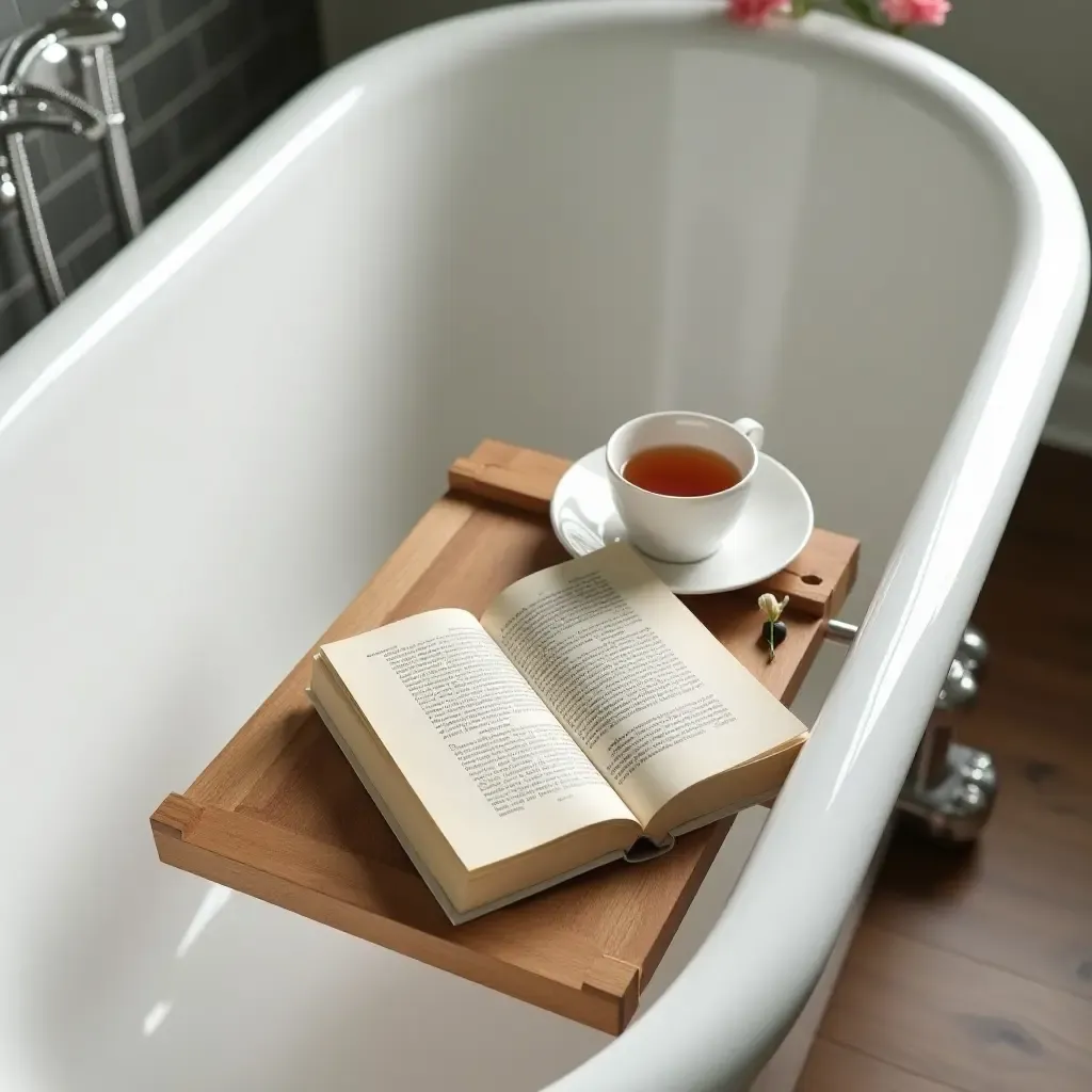 a photo of a vintage-style bathtub tray with a book and tea