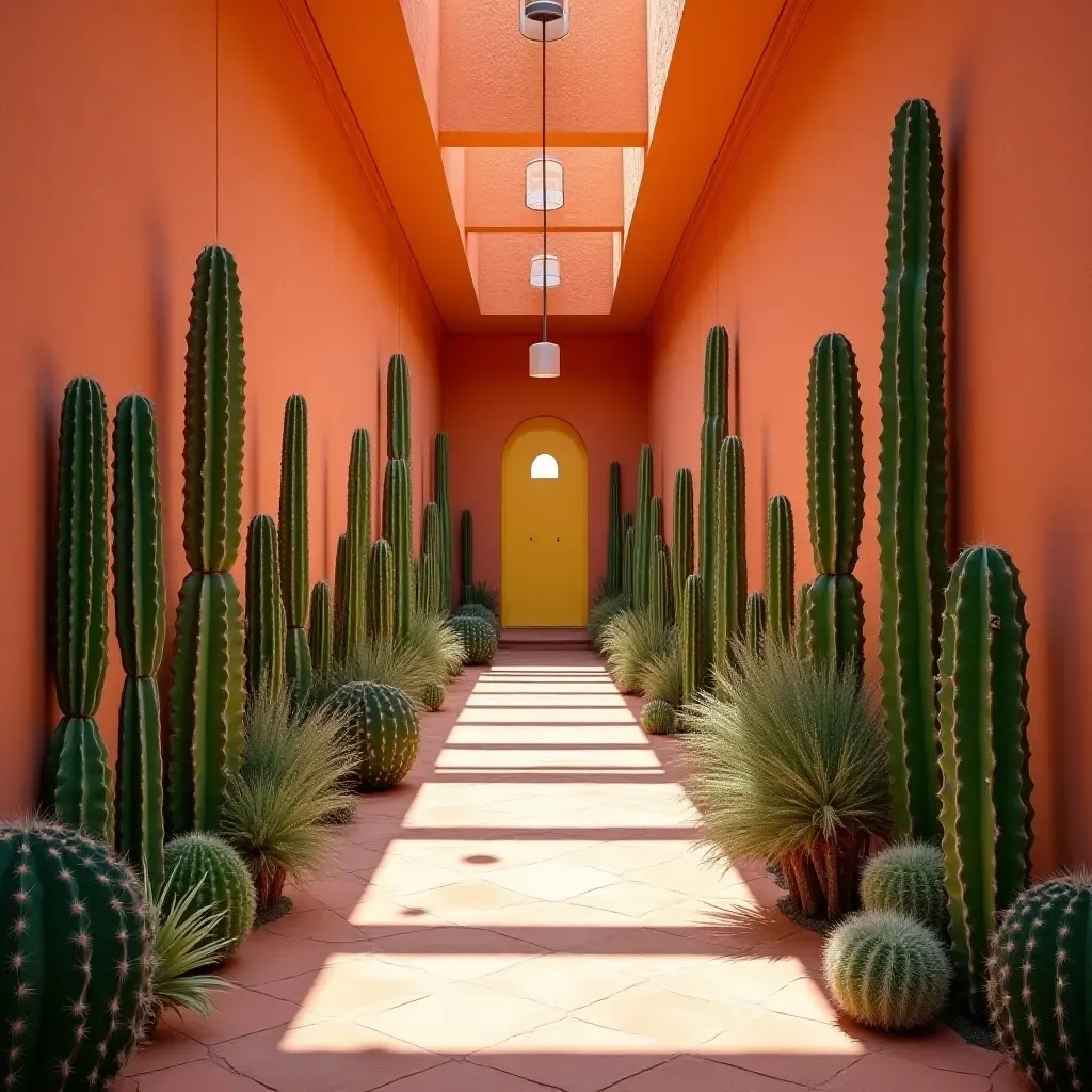 a photo of a corridor with a vibrant collection of cacti