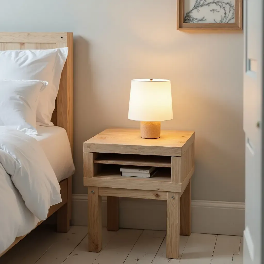 a photo of a creative bedside table with upcycled materials