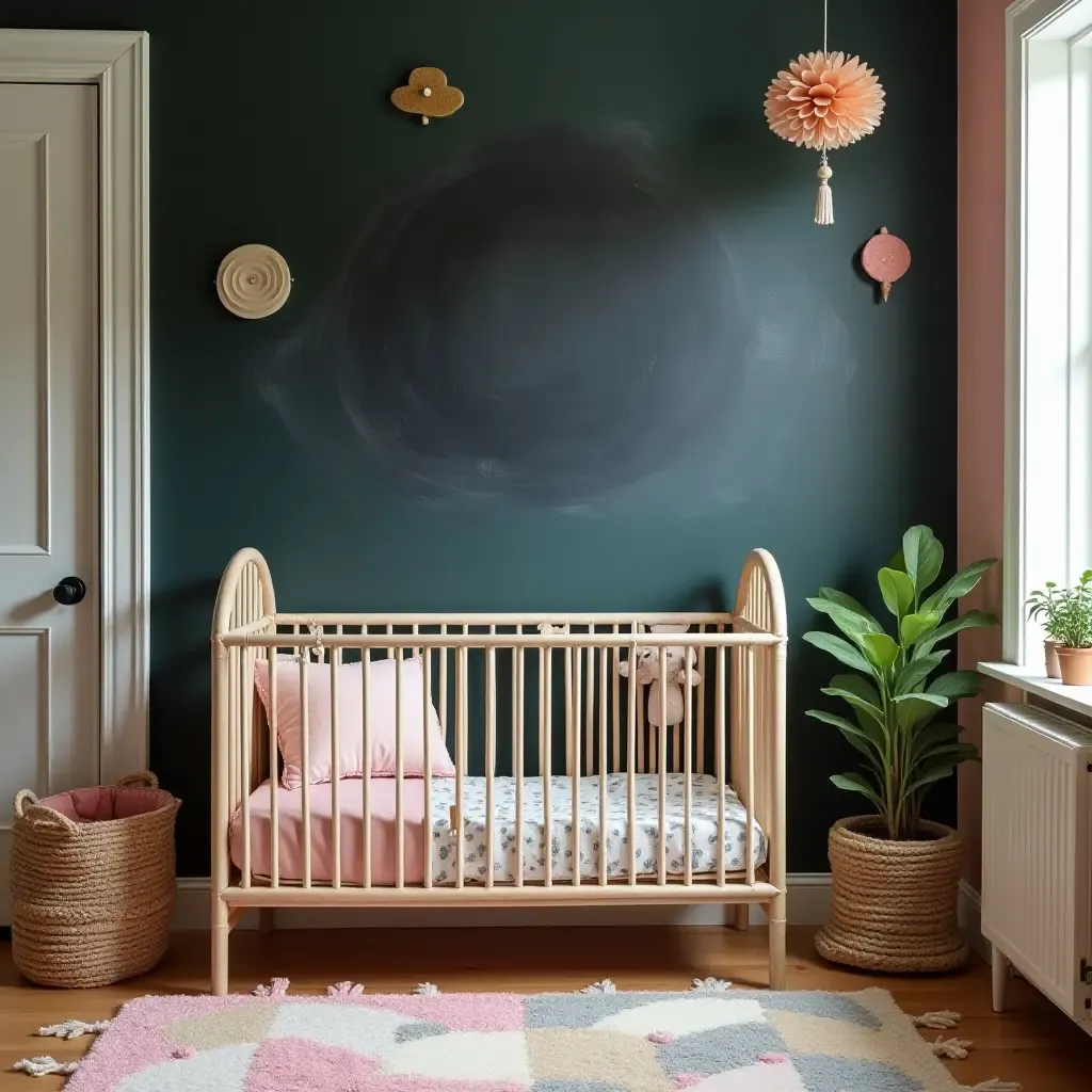 a photo of a colorful nursery with a chalkboard wall for creativity