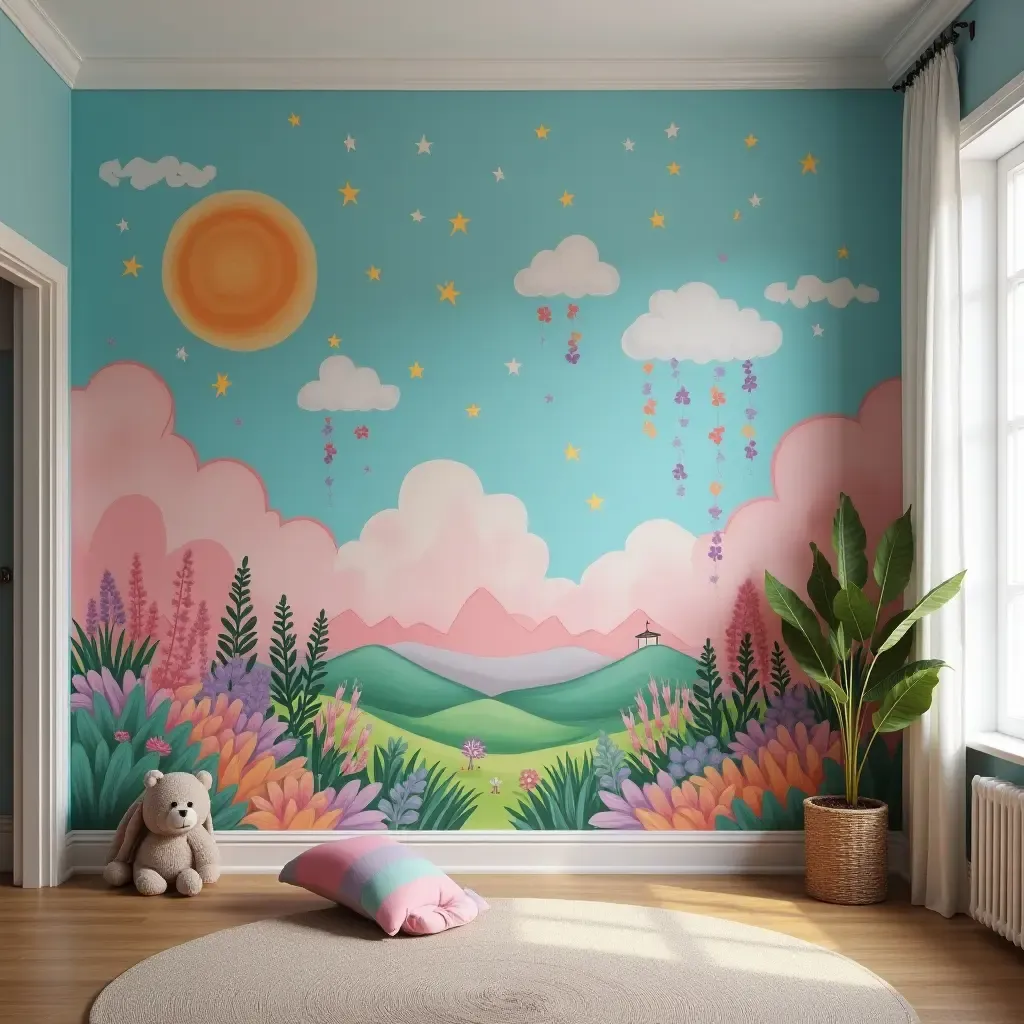 a photo of a room featuring a whimsical, colorful mural of a dreamland