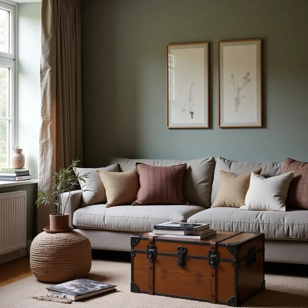 a photo of a living room with a vintage trunk and layered textiles