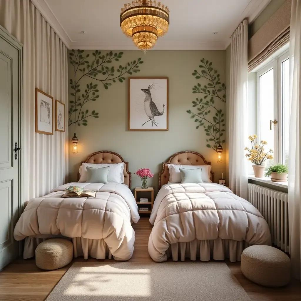 a photo of a whimsical shared bedroom with themed decor and cozy reading nooks