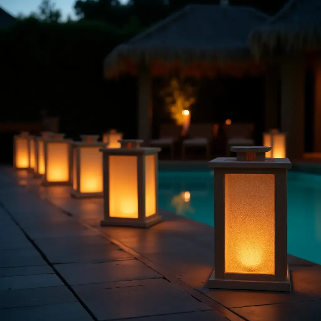 a photo of wooden lanterns illuminating a poolside evening