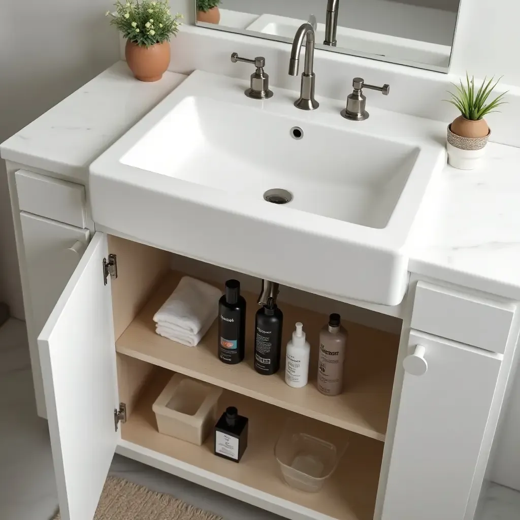 a photo of a stylish under-sink organizer in a modern bathroom