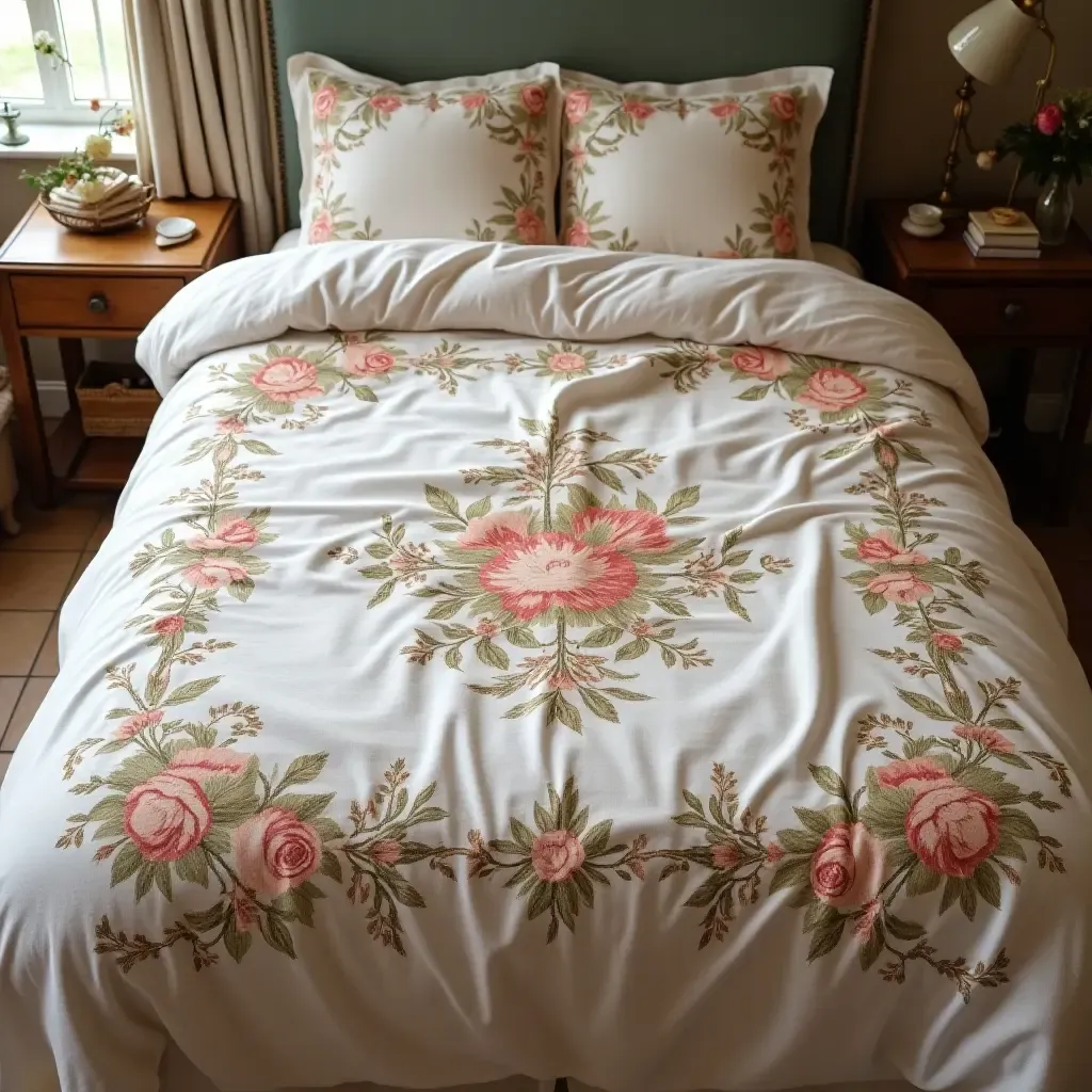 a photo of a vintage-inspired bedspread with floral patterns