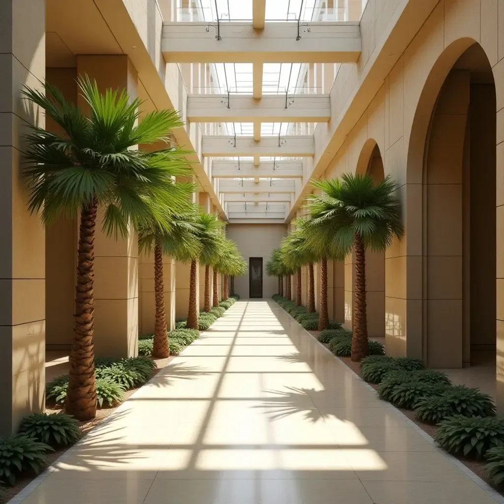 a photo of a spacious corridor with a large indoor palm tree