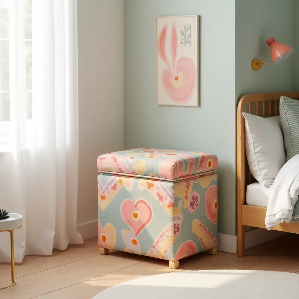 a photo of a colorful fabric storage cube in a playful bedroom