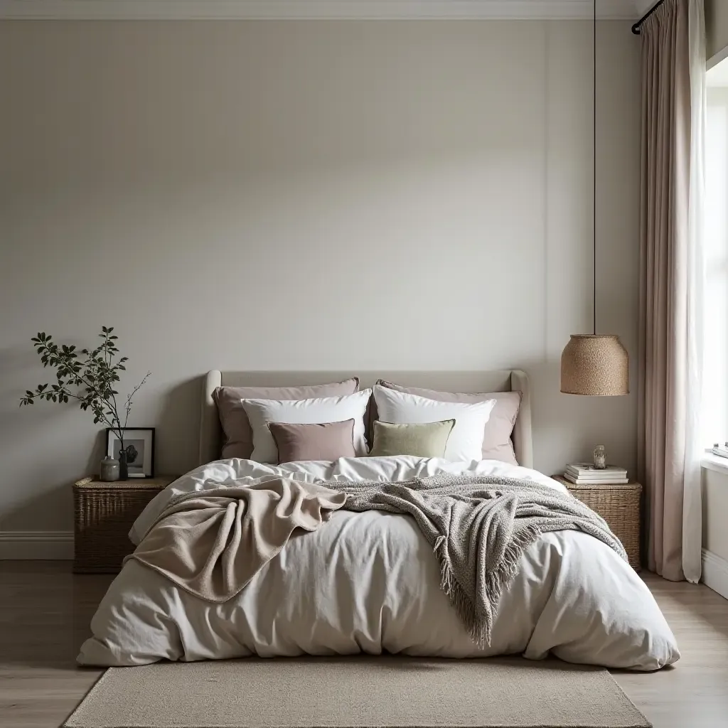 a photo of a Scandinavian bedroom featuring a mix of textures and fabrics for warmth