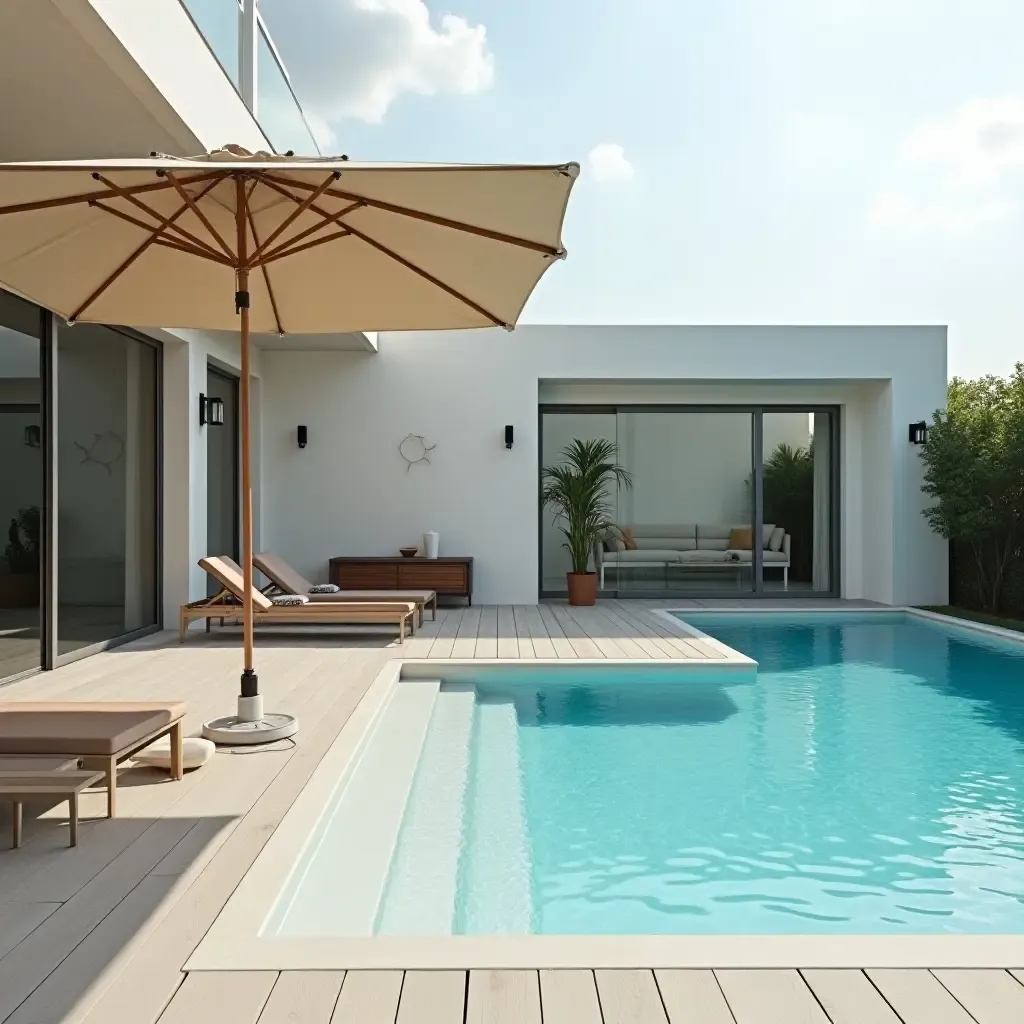 a photo of a spacious poolside shelf with a stylish umbrella stand