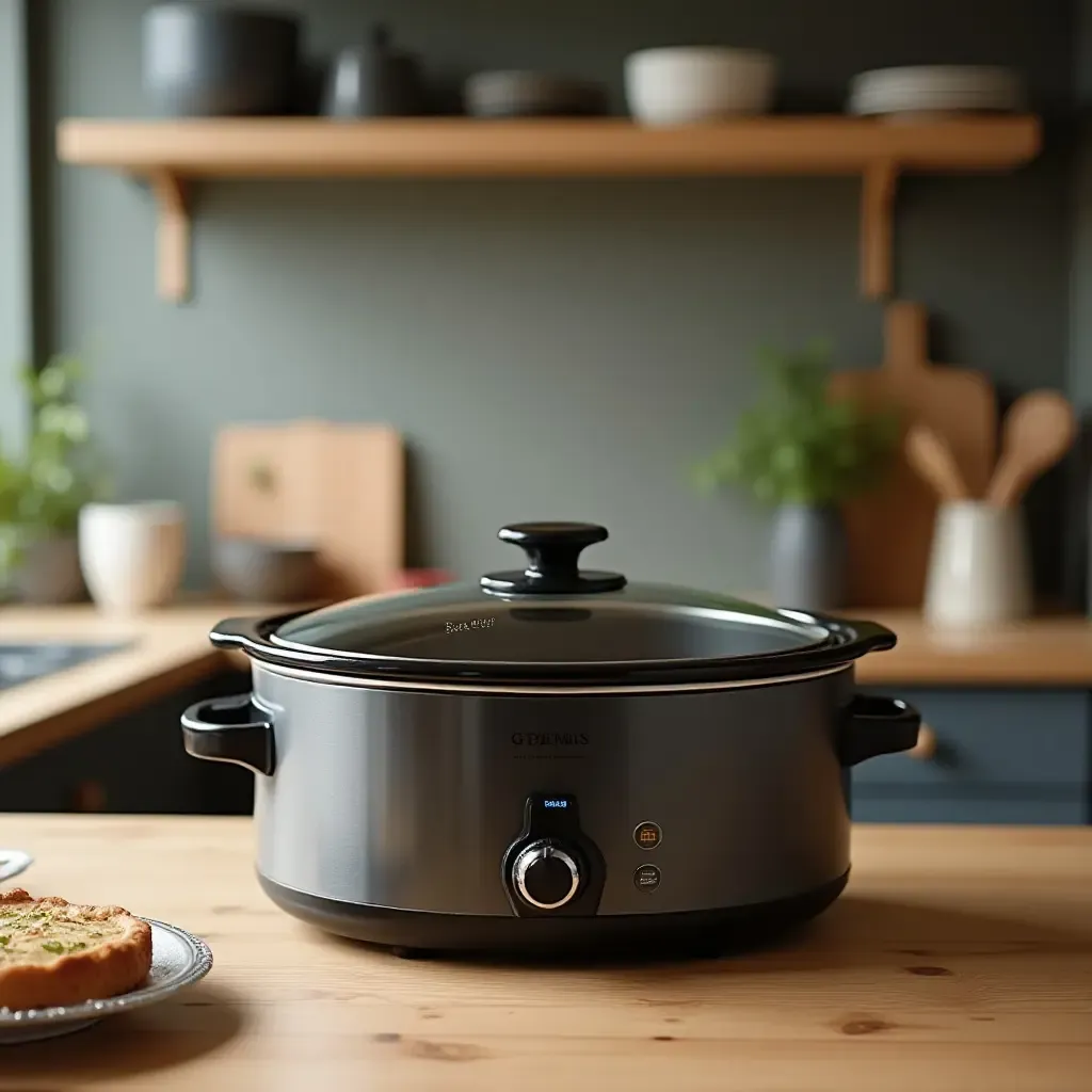 a photo of a classic slow cooker in a trendy kitchen