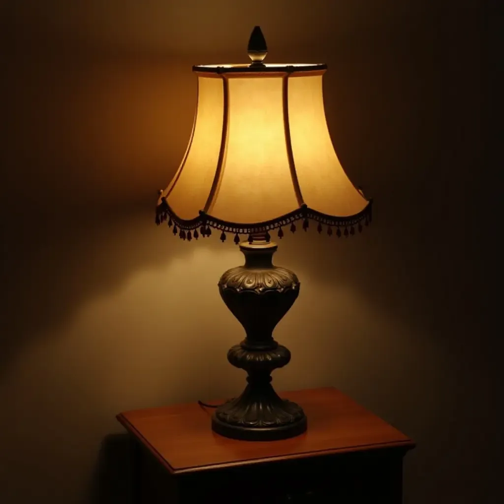 a photo of an ornate vintage table lamp on a side table