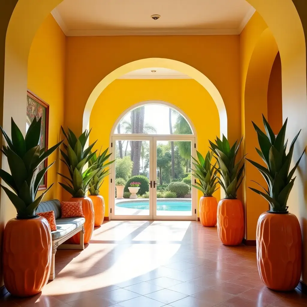 a photo of a vibrant entrance hall adorned with oversized fruit sculptures and playful decor