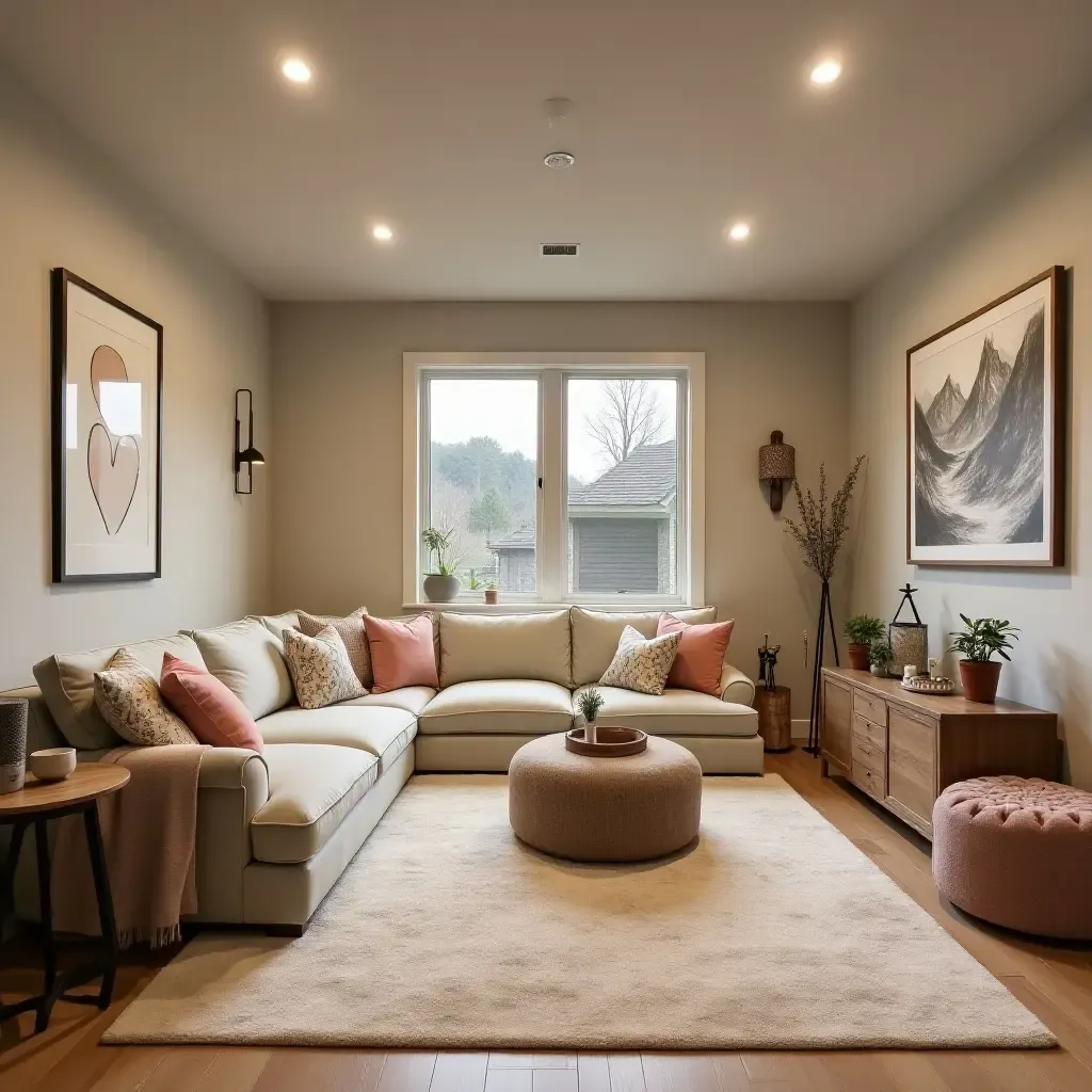 a photo of a family-friendly basement with a large sectional sofa and playful decor