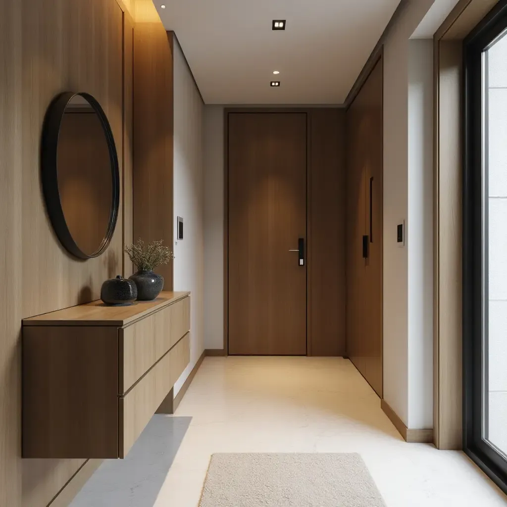 a photo of a functional entrance hall with hidden storage and sleek design elements