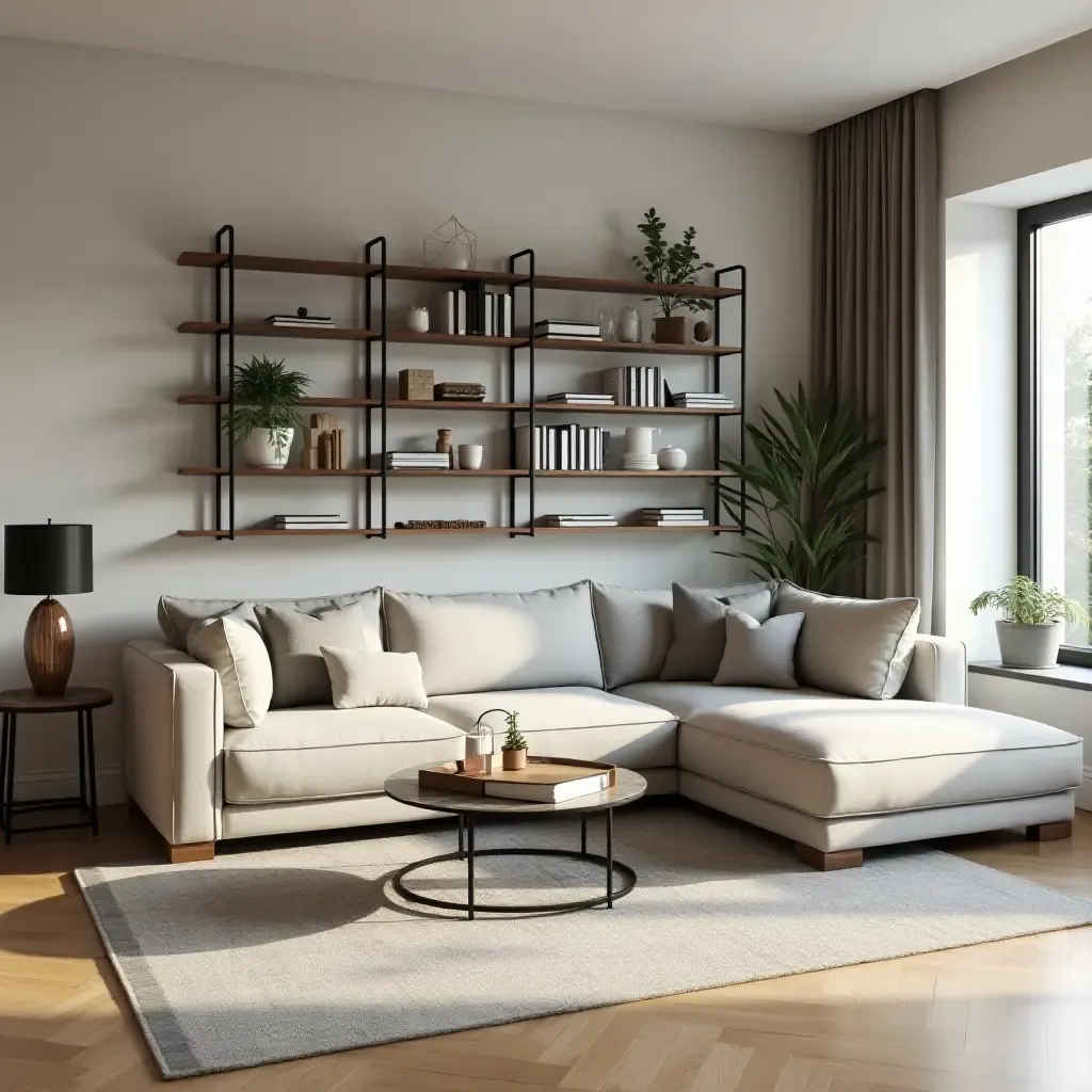 a photo of a living room with a large sectional sofa and industrial-style shelving