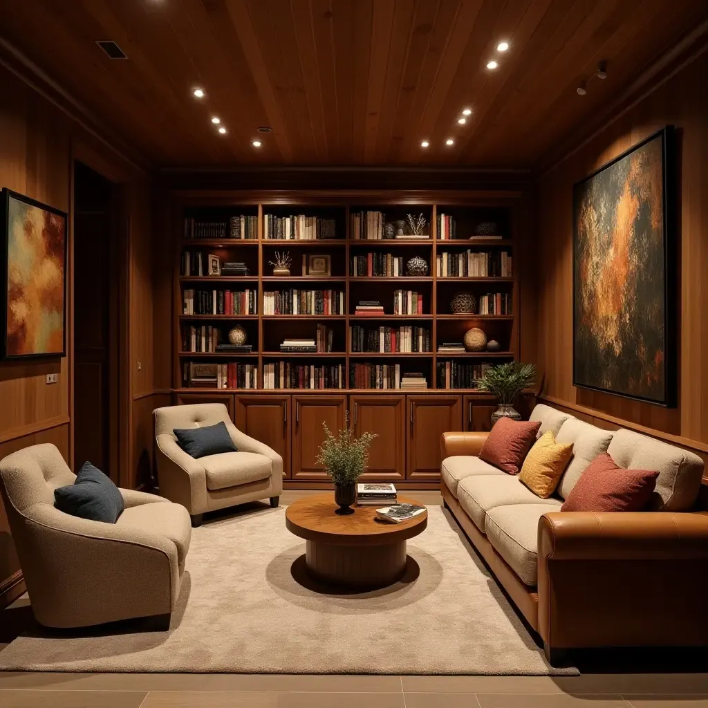 a photo of a basement home library with cozy seating and rich wood tones