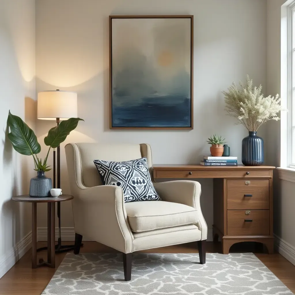 a photo of a basement office with decorative throw pillows on a stylish chair