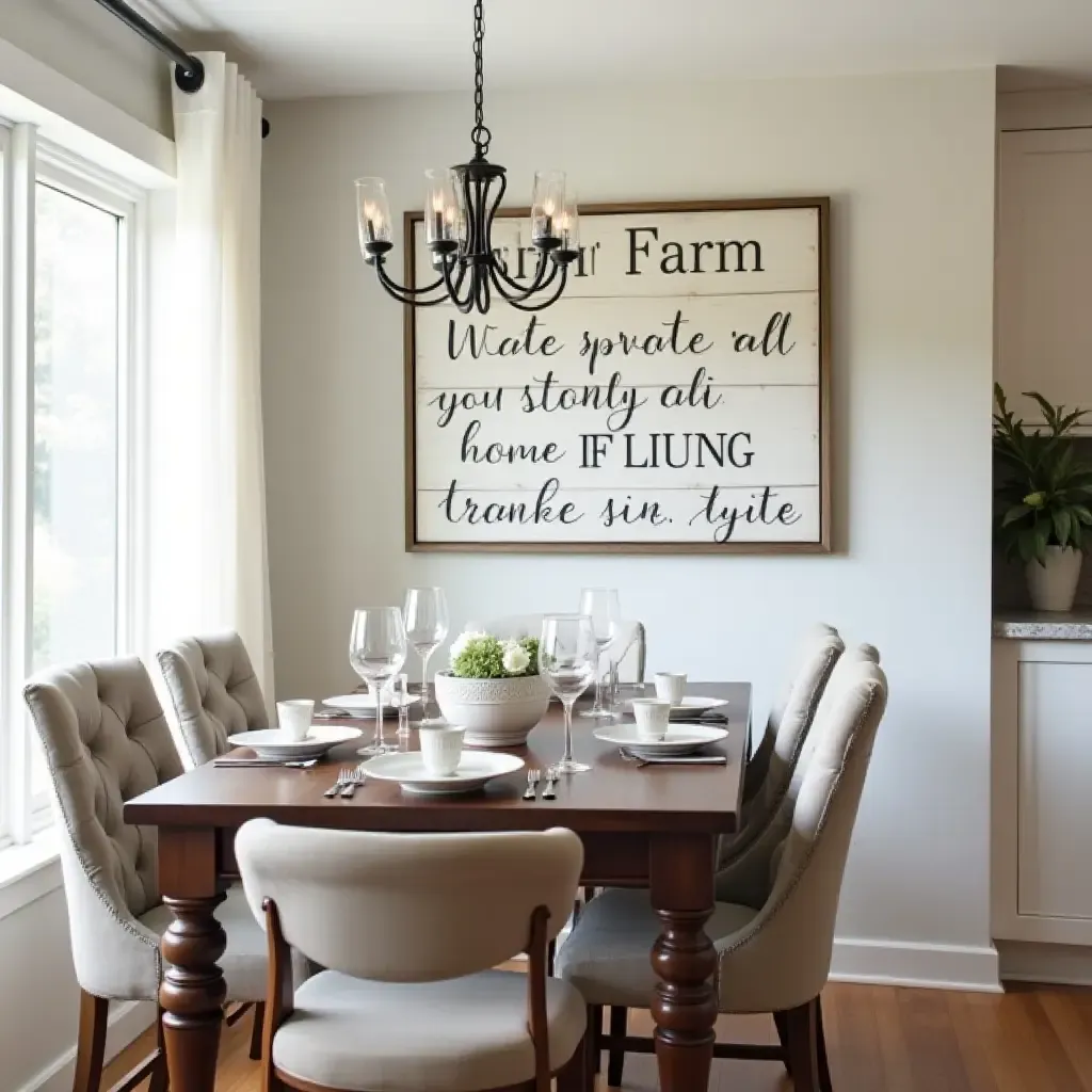 a photo of a rustic sign with a farm quote in a dining room