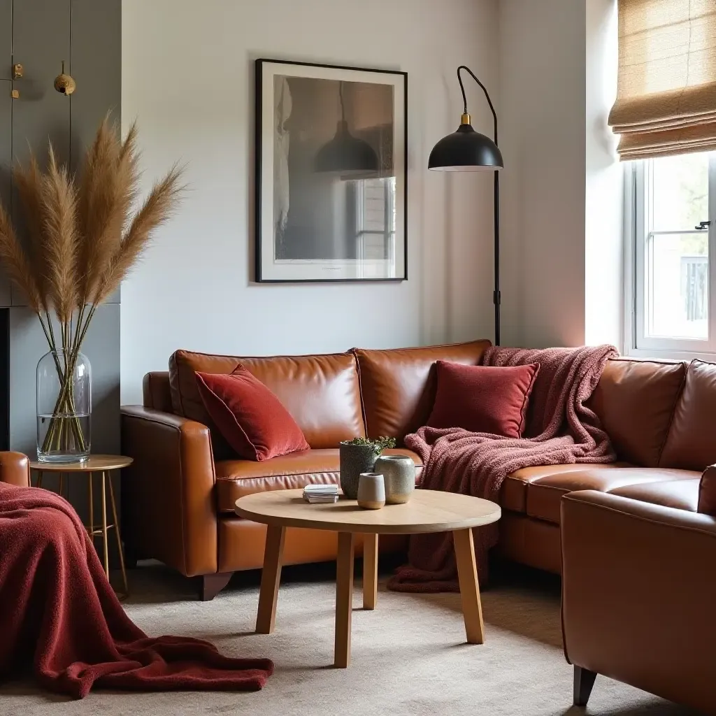 a photo of a chic living room with velvet throw blankets, wood coffee table, and leather seats