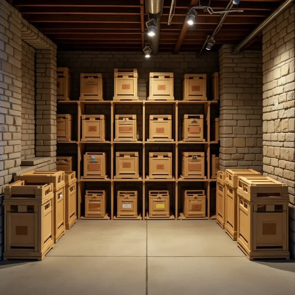 a photo of a basement with wooden crates as storage