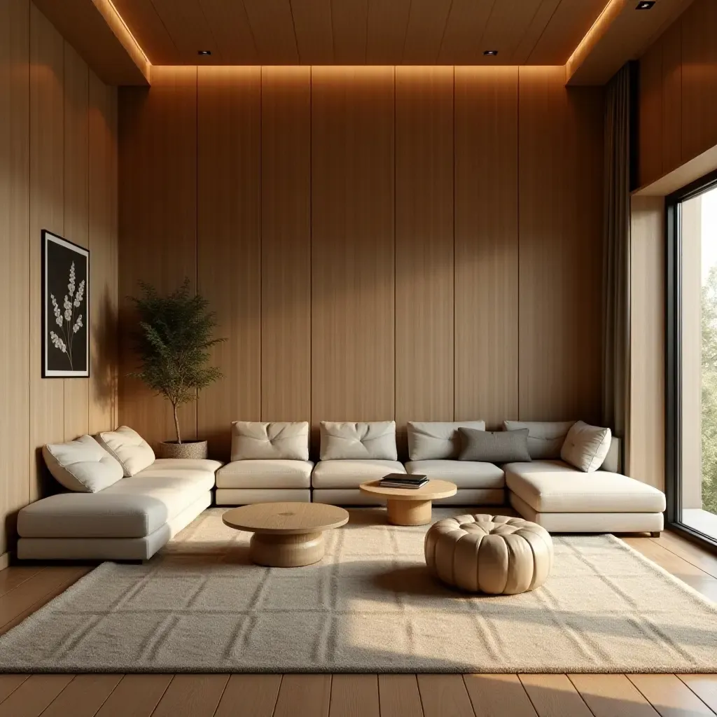 a photo of a living room with wooden decor and a relaxing ambiance