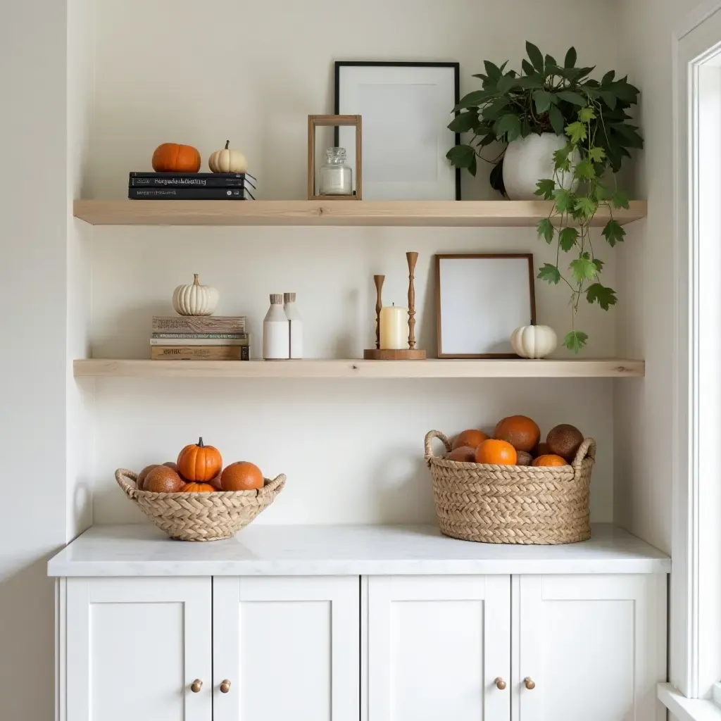 a photo of open shelving styled with seasonal decor and natural elements