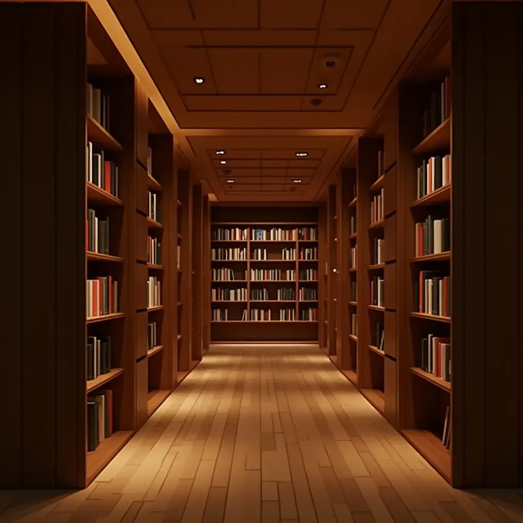 a photo of a library with wooden partitions and warm lighting