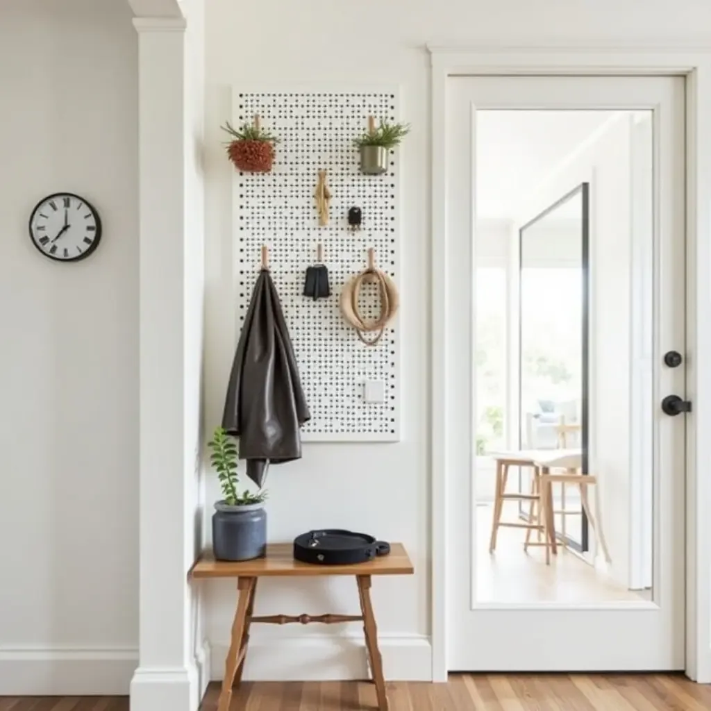 a photo of a functional entryway with a pegboard for keys and accessories