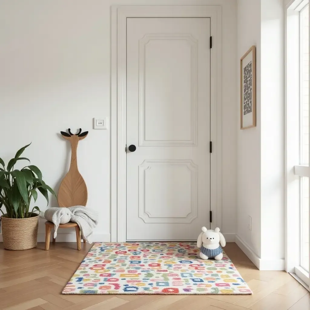 a photo of a whimsical patterned rug in a playful children&#x27;s entryway