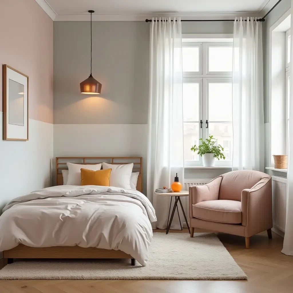 a photo of a teen bedroom featuring Scandinavian minimalism and a pop of color